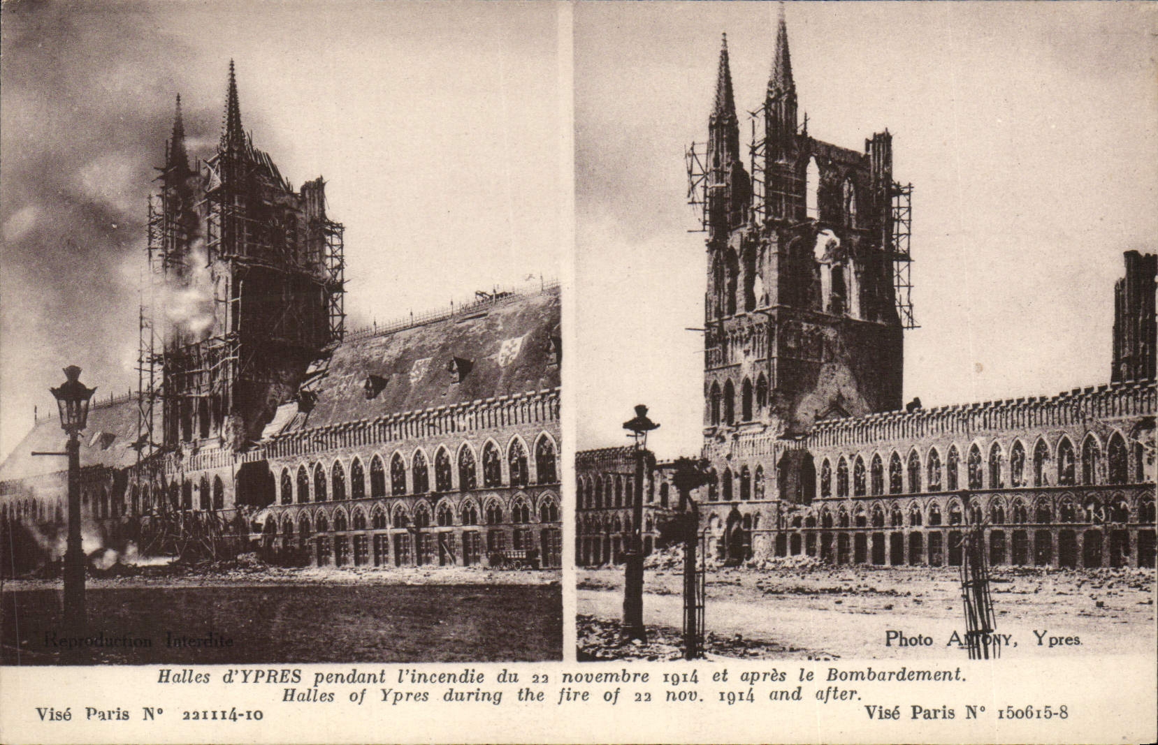 Halles d'Ypres pendant l'incendie du 22 novembre 1914 et après le bombardement — Photo Antony, Ypres