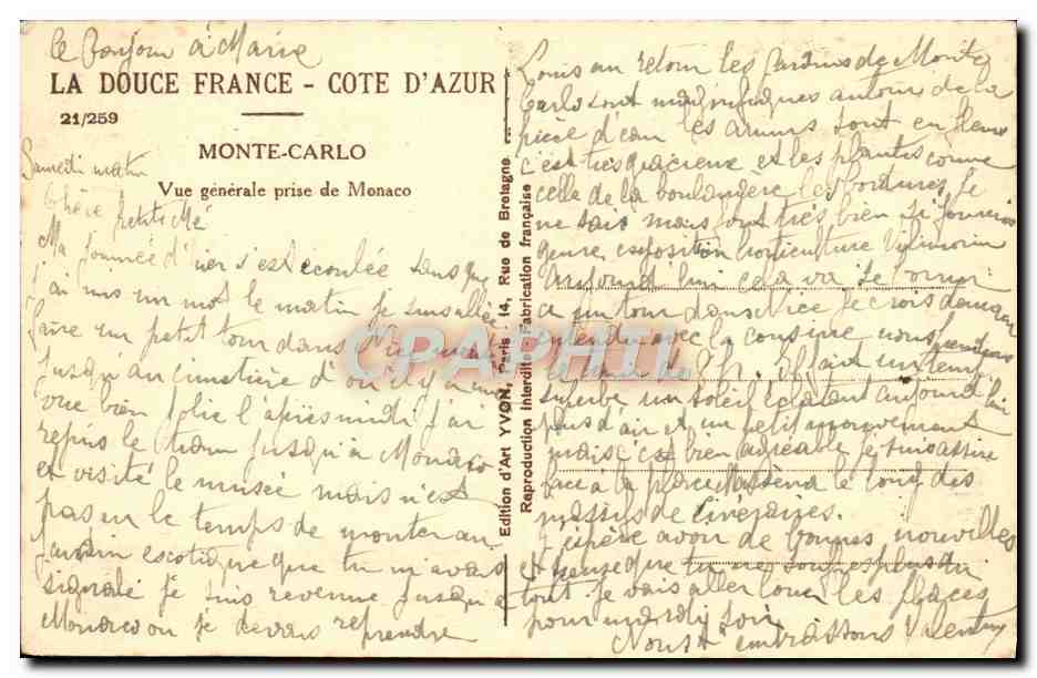 CPA Monte Carlo Vue generale prise de Monaco — Verso