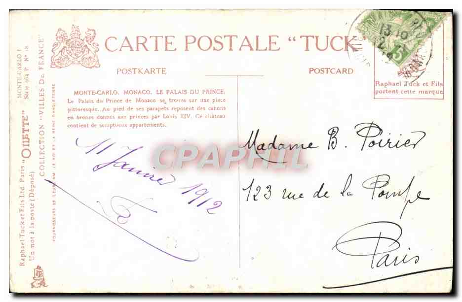CPA Monaco Principaute Le palais du prince  — Rückseite