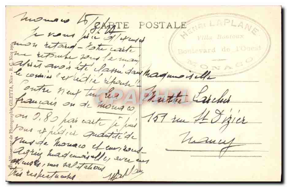 Monte-Carlo — Les Hôtels — Montée de la Costa — Édition Gillette, n° 761 — Verso