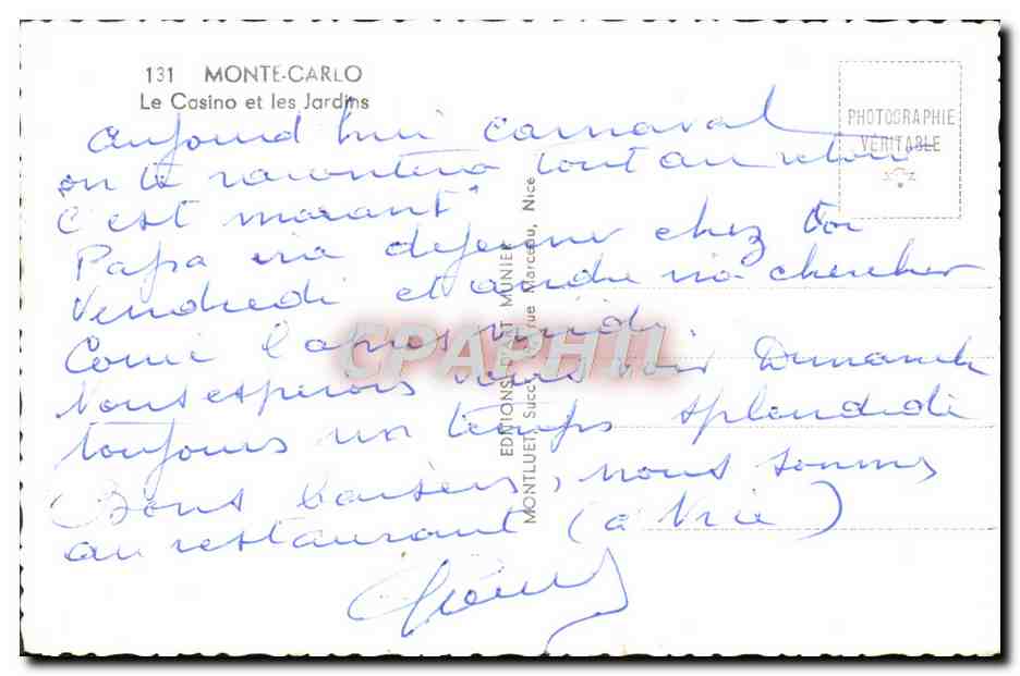 CPM Monte Carlo Le Casino et les Jardins — Verso