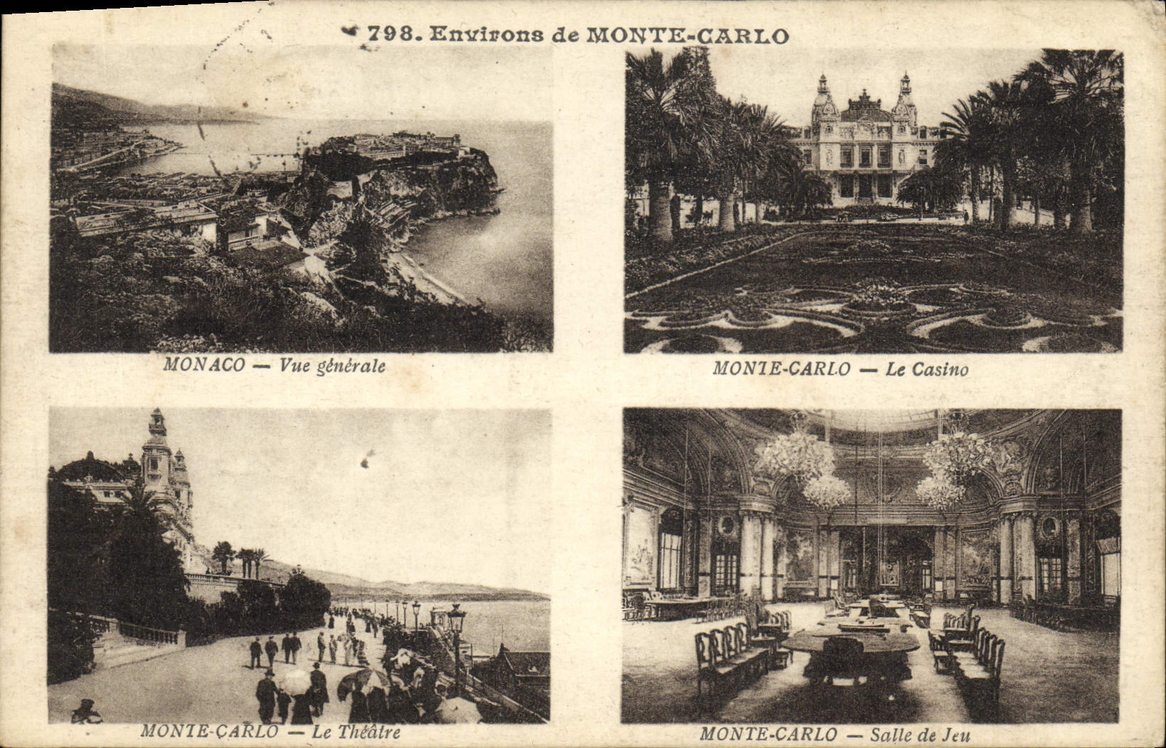 Environ de Monte-Carlo — Vue générale, Le Casino, Le Théâtre, Salle de Jeu — Éditeur : G. Gilet, n° 798