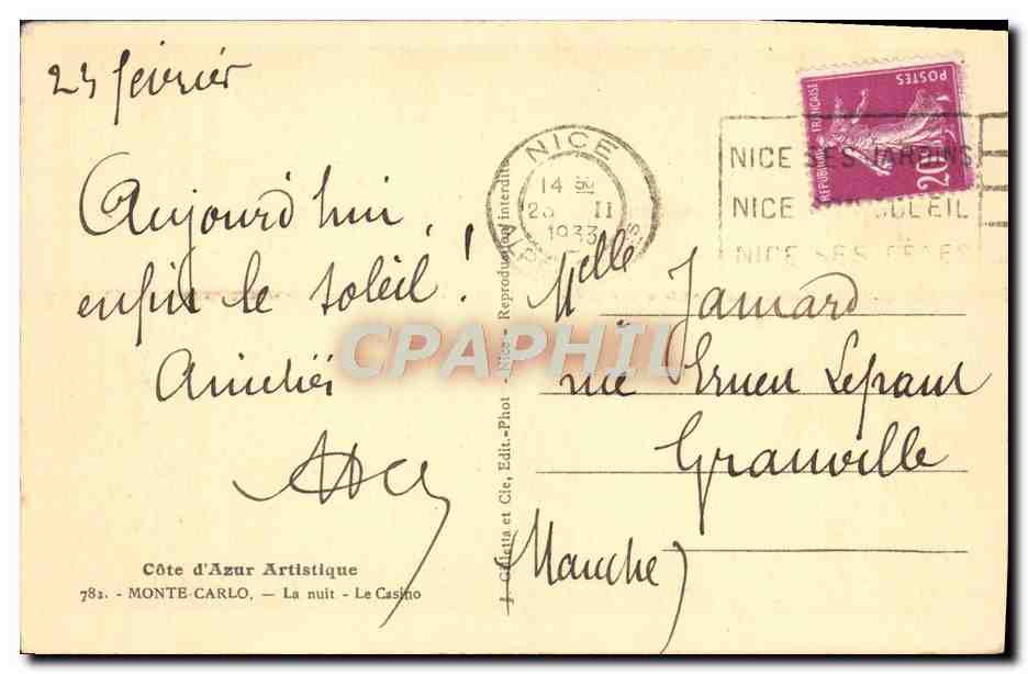 CPA Monte Carlo La nuit Le casino — Rückseite