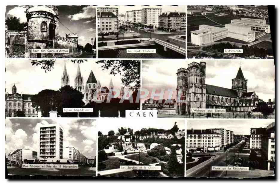 Caen — Vue panoramique avec Tour des Gens d'Armes, Église Saint-Étienne, L'Abbaye aux Dames, L'Université, Le Pont Churchill, Place de la Résistance — Éditions Gaby
