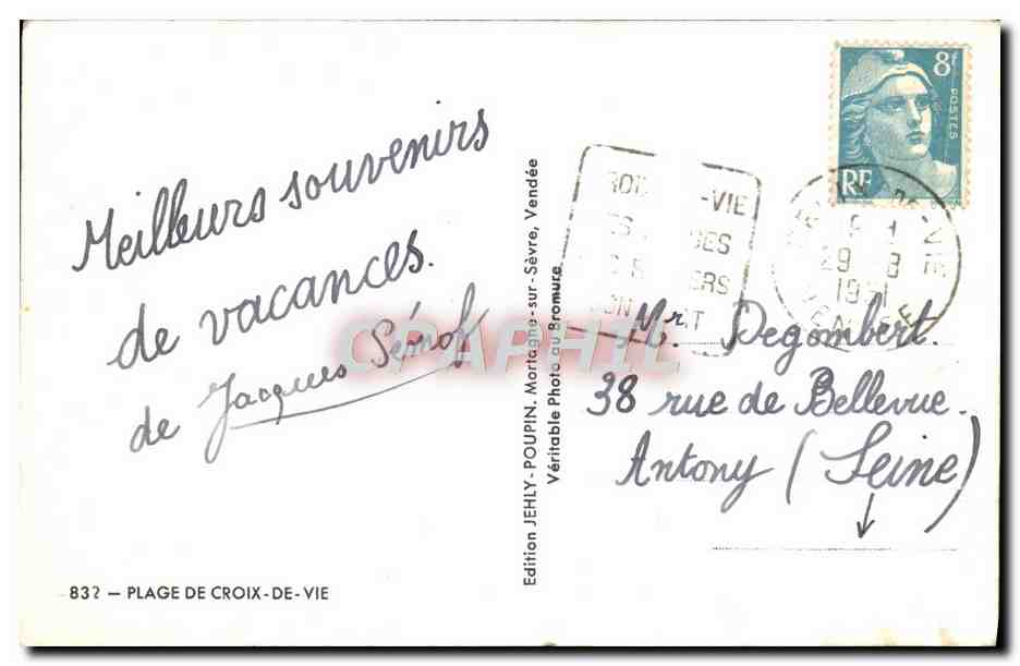 Plage de Croix-de-Vie — vue animée — Edition Jehly, n°832 — Verso