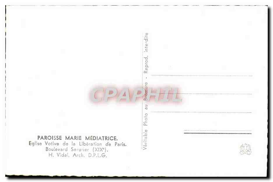 CPM Paroisse Marie Mediatrice Eglise Votive de la Liberation de Paris Boulevard Serurier — Rückseite