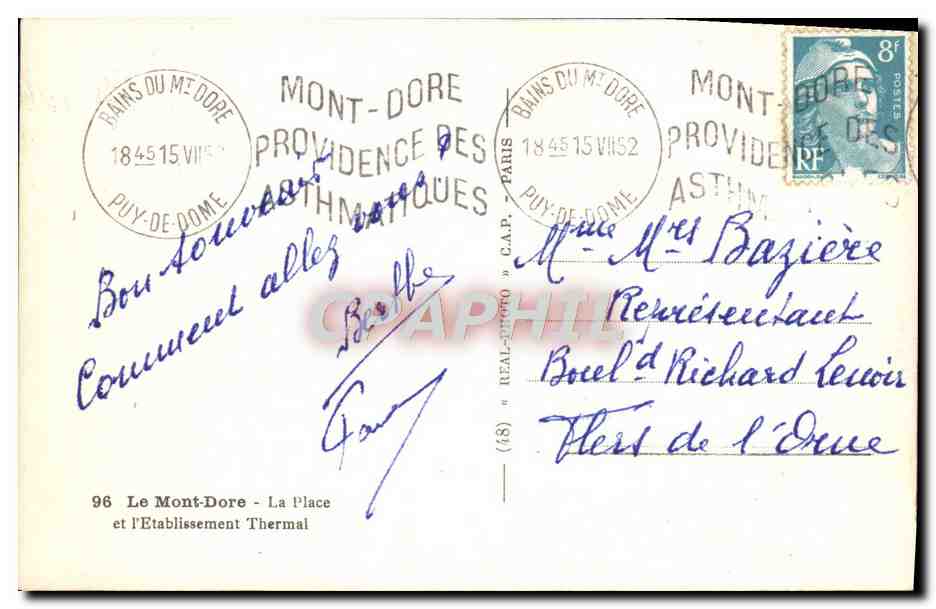 CPM Le Mont Dore La Place et L'Etablissement Thermal — Verso