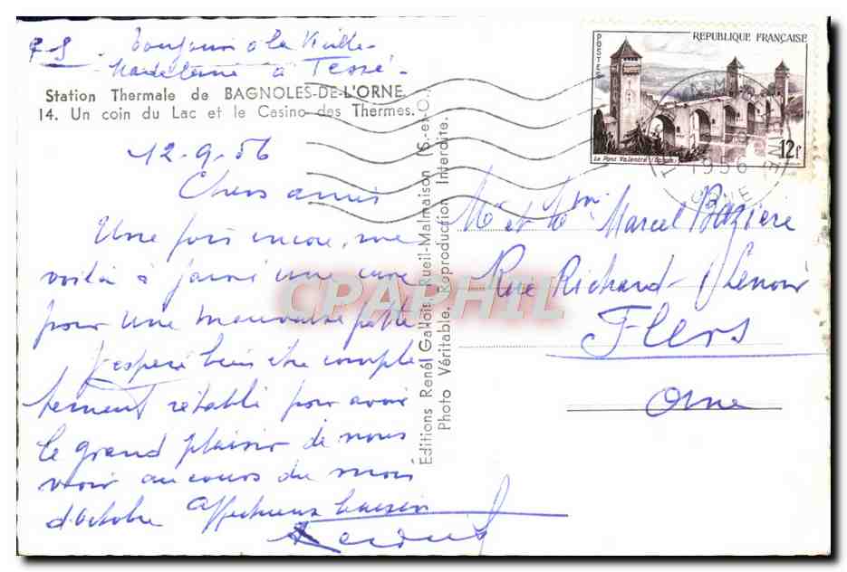Bagnolles-de-l'Orne — Lago y Casino de los Baños — Ediciones René Gallot — Reverso