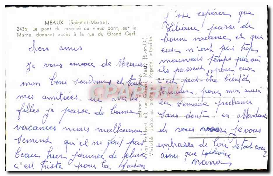 CPM Meaux Le pont du marche ou vieux pont sur la Marne acces a la rue du grand Cerf — Rückseite