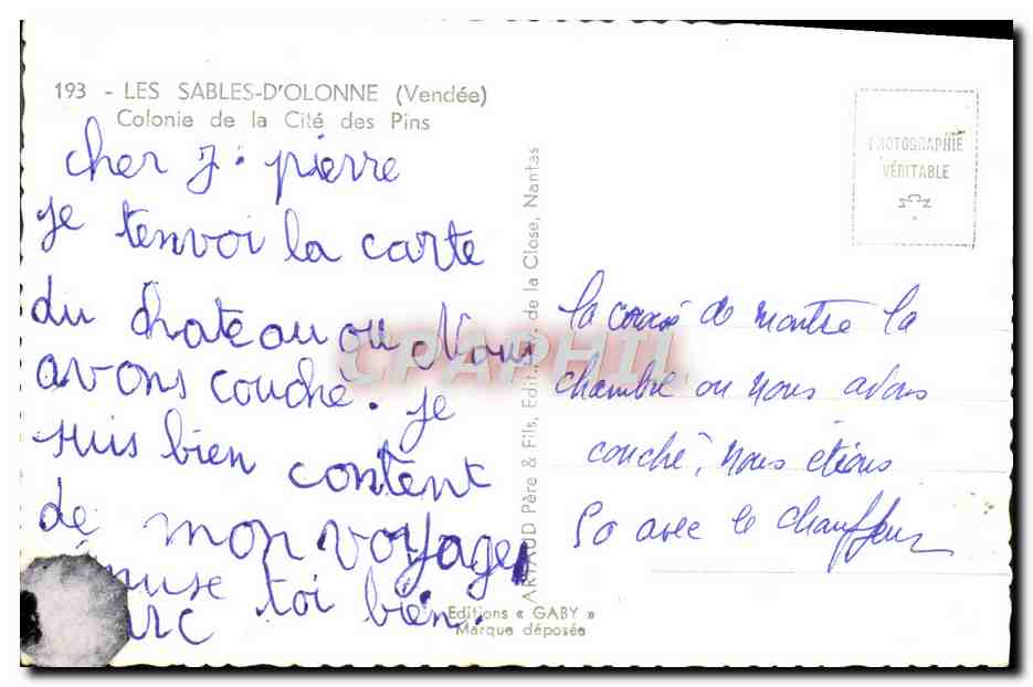Les Sables-d'Olonne — Colonie de la Cité des Pins — Éditeur Gaby, Nantes — Verso