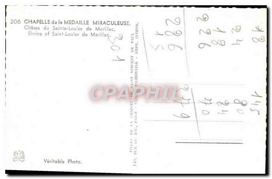 CPA Chapelle de la Medaille Miraculeuse Chasse de Sainte Louise de Marillac  — Rückseite