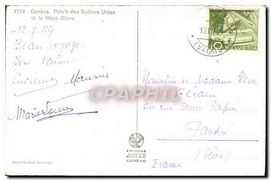 CPM Geneve Palais Des Nations Unies Et Le Mont Blanc — Verso