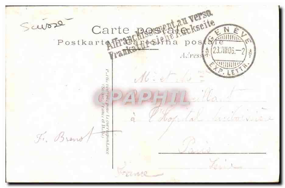 CPA Geneve Quai Du Leman Hotel Bellevue — Rückseite