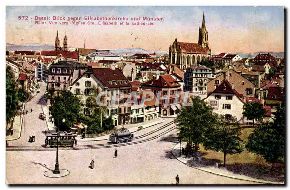 CPA Basel Blick Gegen Elisabethenkirche Und Munster Tramway