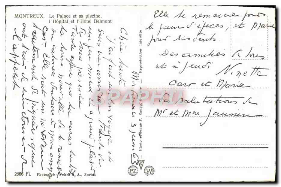 CPM Montreux Le Palace Et Sa Piscine L'Hopital Et l'Hotel Belmont — Rückseite