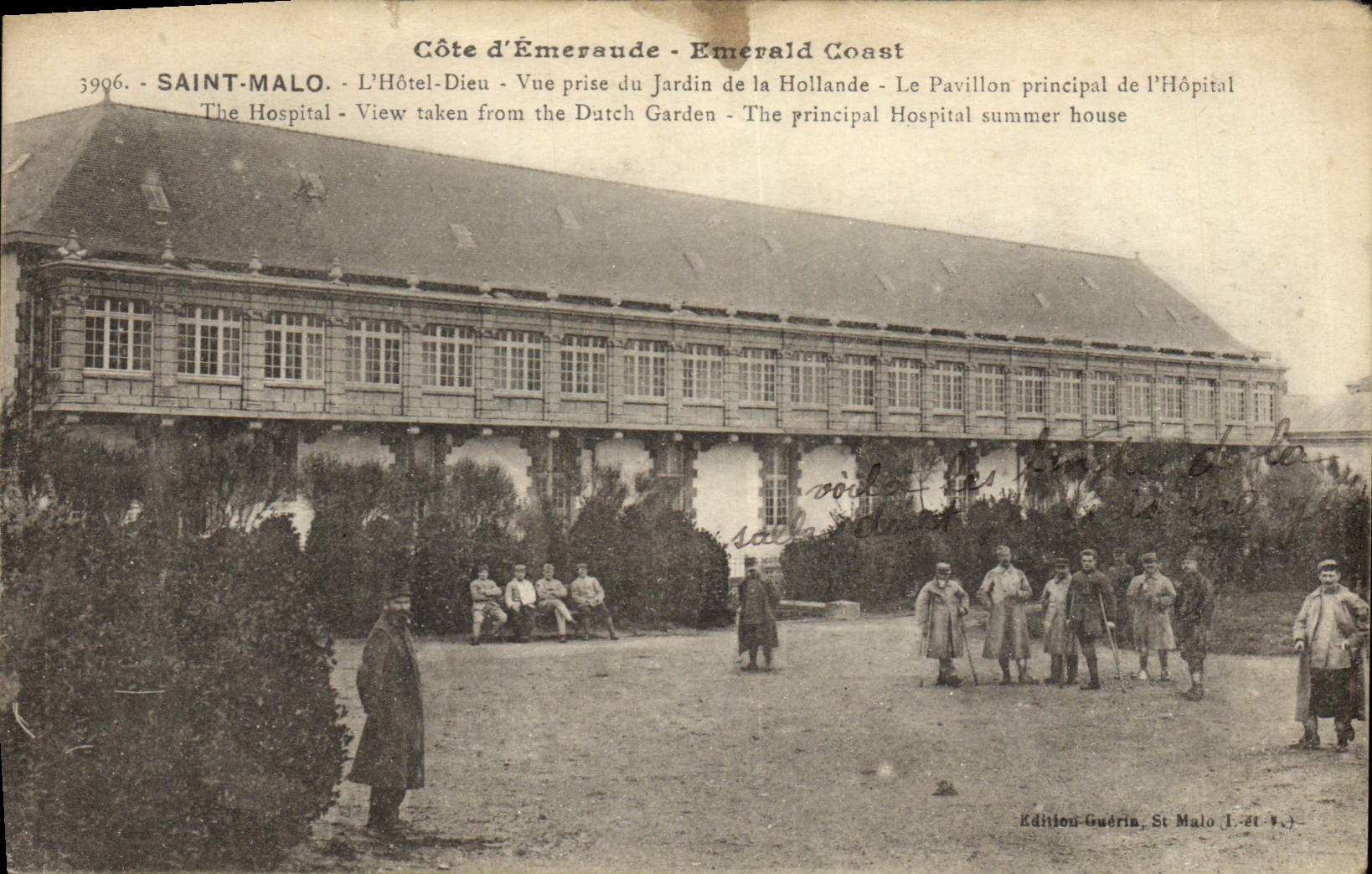 Tarjeta postal antigua Saint Malo L'Hotel Dieu Vista tomada del jardín de Holanda El pabellón principal del hospital