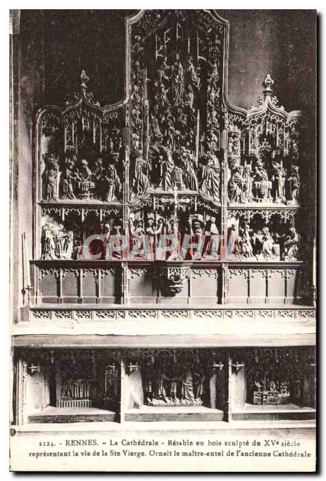 Rennes - La Cathédrale - Rétablo en bois sculpté du XVᵉ siècle représentant la vie de la Ste Vierge