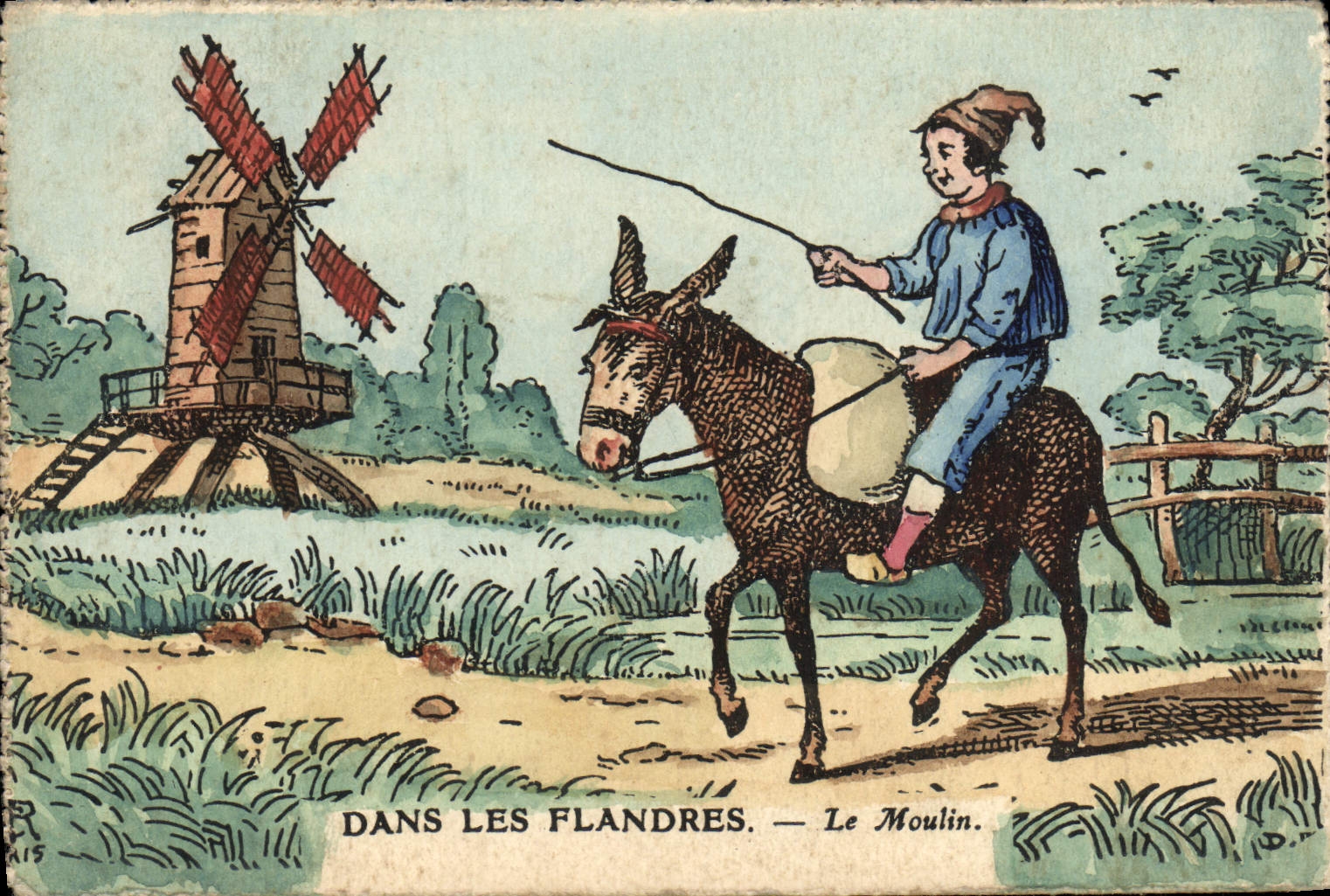 CPA Fantaisie Dans les Flandres Moulin a vent Ane Mule
