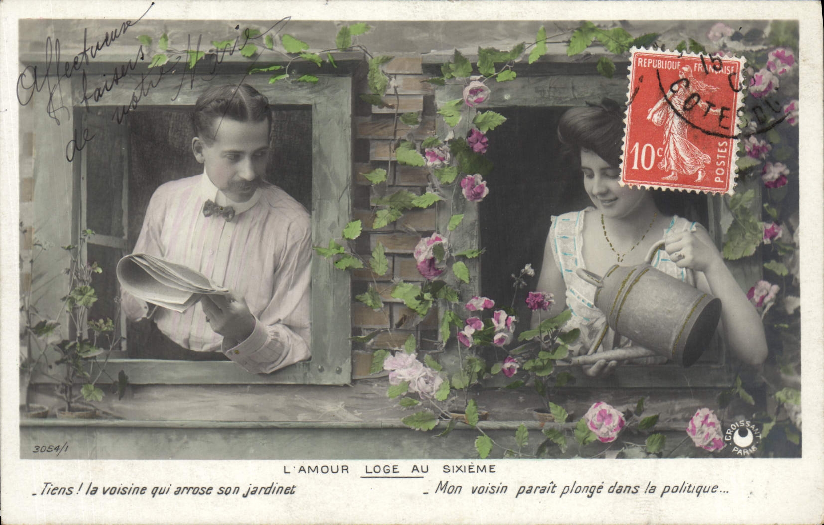 CPA Fantaisie Femme l'amour loge au sixieme