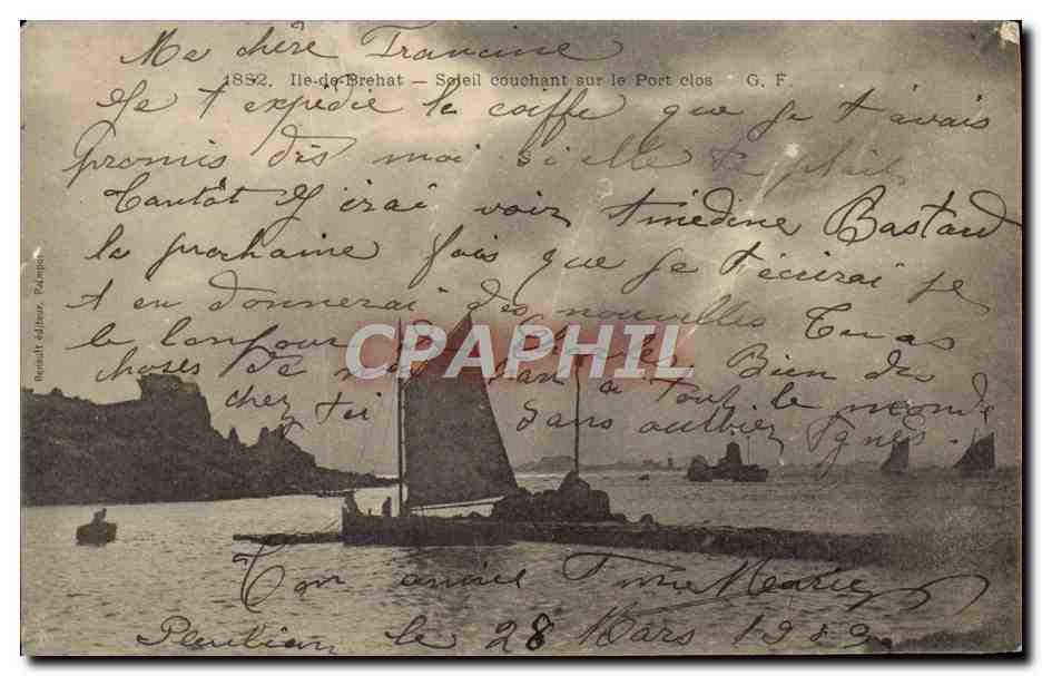 CPA Ile de Brehat Soleil couchant sur le port clos Bateau