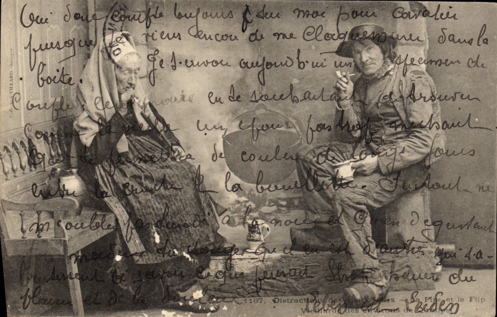 Deux personnages en tenue de travail — Distractions des ouvriers — La Pile et le Flip — éditeur VILLARD, n°1187