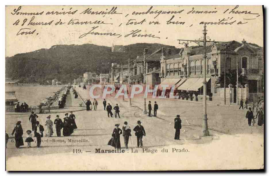 Tarjeta postal antigua Marsella La Plage du Prado