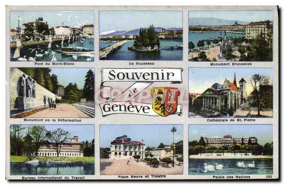 CPM Souvenir de Geneve Mont Blanc Ile Rousseau BIT Brunswick