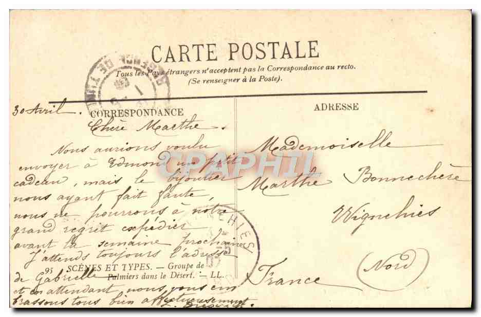 CPA Scenes Et Types Groupe De Palmiers Dans Le Desert Tunisie — Rückseite