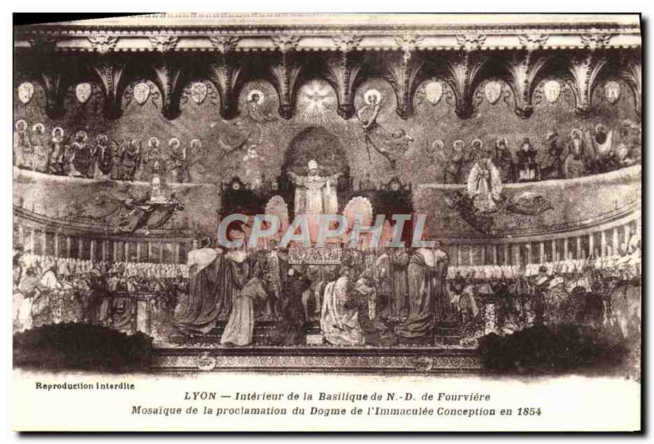 LYON — Innenansicht der Basilika Notre-Dame de Fourvière — Mosaik der Verkündigung des Dogmas der Unbefleckten Empfängnis im Jahr 1854