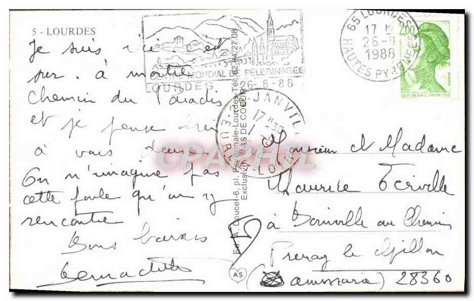 CPM A Lourdes Ai Prie Pour Vous — Verso