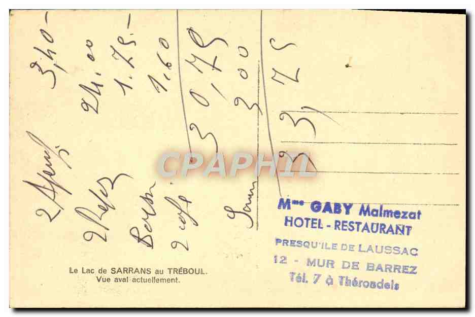 Lac de Sarrans au Tréboul — Vue aval actuellement — Mme Gaby Malmezat, Hotel-Restaurant, Mur de Barrez — Back