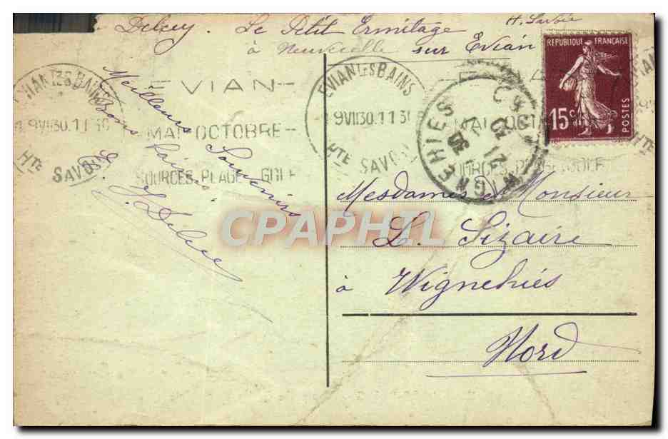 Tarjeta postal antigua Evian Les Bains Vista Tomada Del Jardín Inglés — Reverso