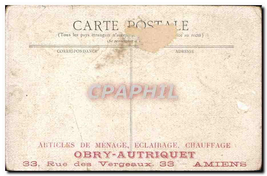 Tarjeta postal antigua Amiens Niño publicidad Obry Autriquet Rue des Vergeaux — Reverso