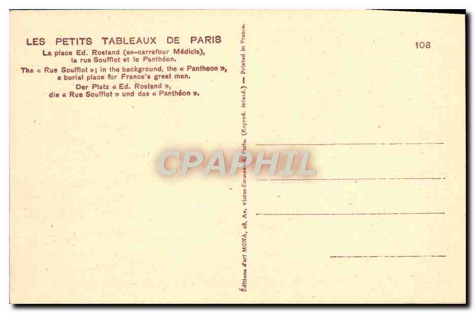 CPA Paris Place Ed Rostand La rue Soufflot et le Pantheon  — Rückseite