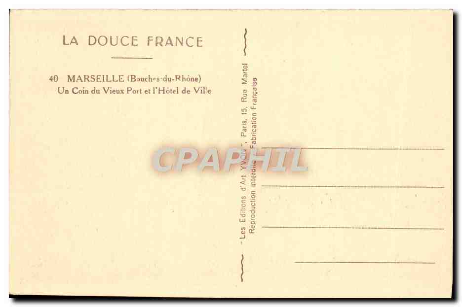 CPA Marseille Un coin du vieux port et l'hotel de ville — Verso