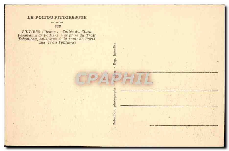 Poitiers — Vallée du Clain, vue prise du Tabouleau aux Trois Fontaines — J. Rabuchon, Poitiers — Verso