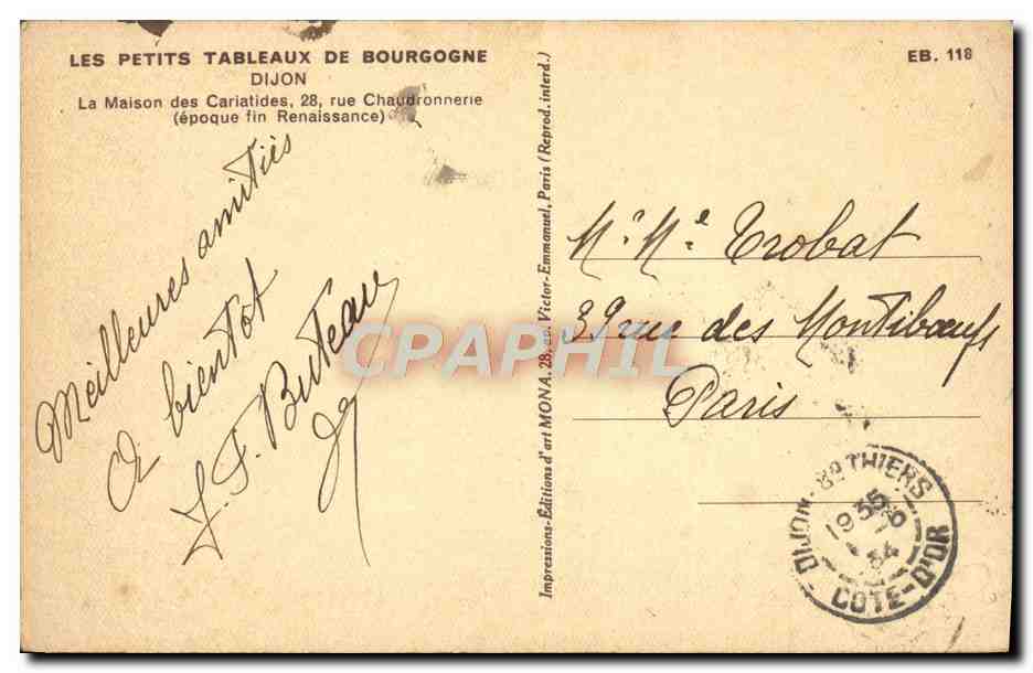 CPA Dijon La maison des Cariatides Rue Chaudronnerie  — Verso