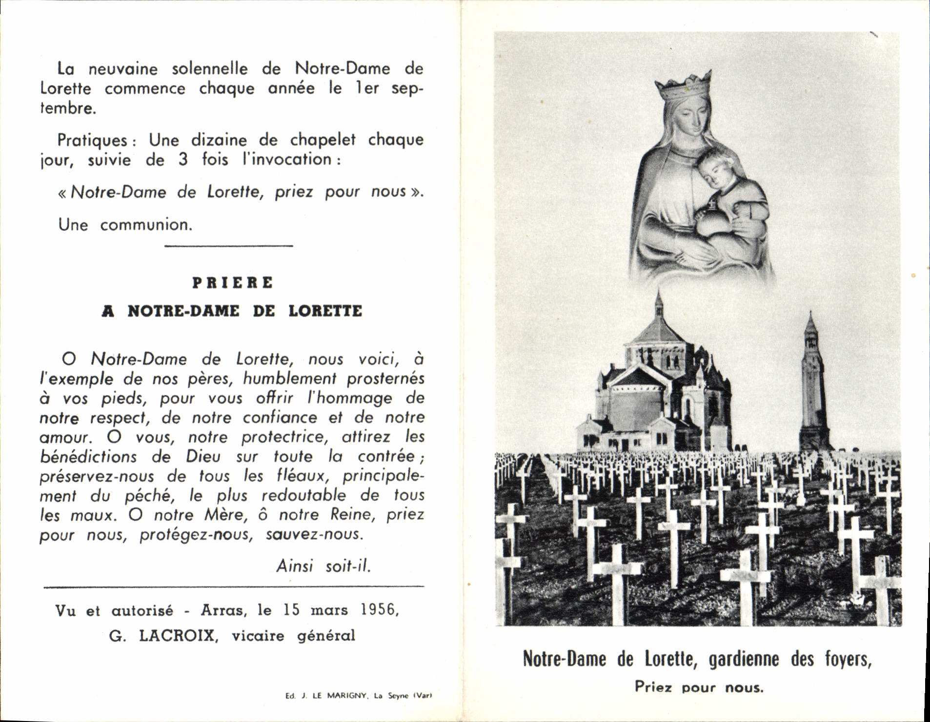 Image petit feuillet religieux Priere A Notre Dame De Lorette 