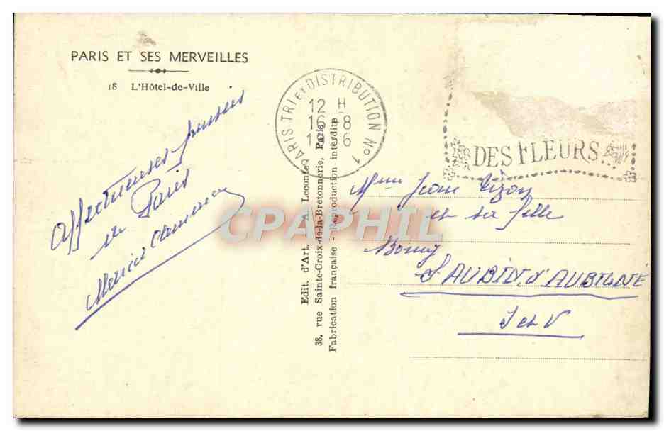 CPA Paris Et Ses Merveilles L'Hotel de Ville — Verso