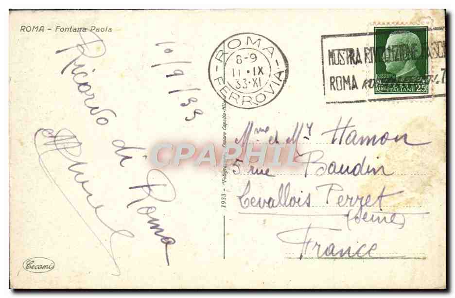 CPA Roma Fontana Paola — Verso