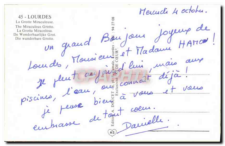 CPM Lourdes Grotte Miraculeuse — Verso