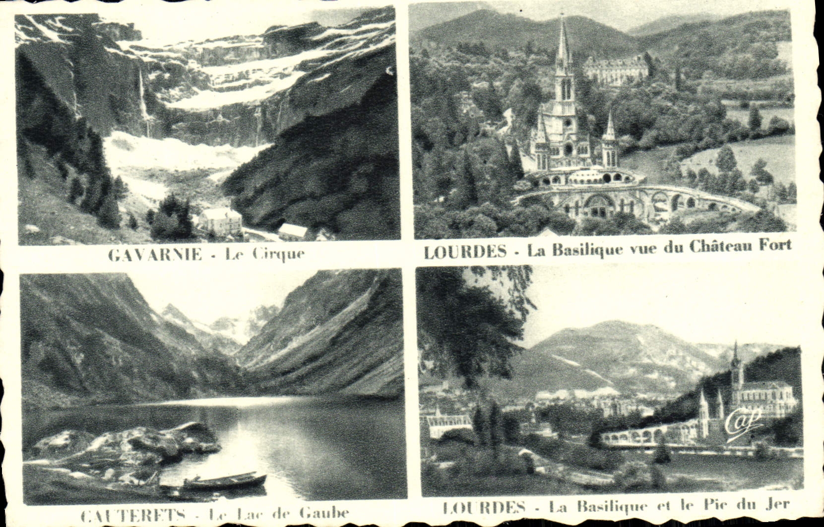 Gavarnie - Der Cirque, Gourette - See Gaube, Lourdes - Die Basilika vom Schloss aus gesehen, Lourdes - Die Basilika und der Pic du Jer