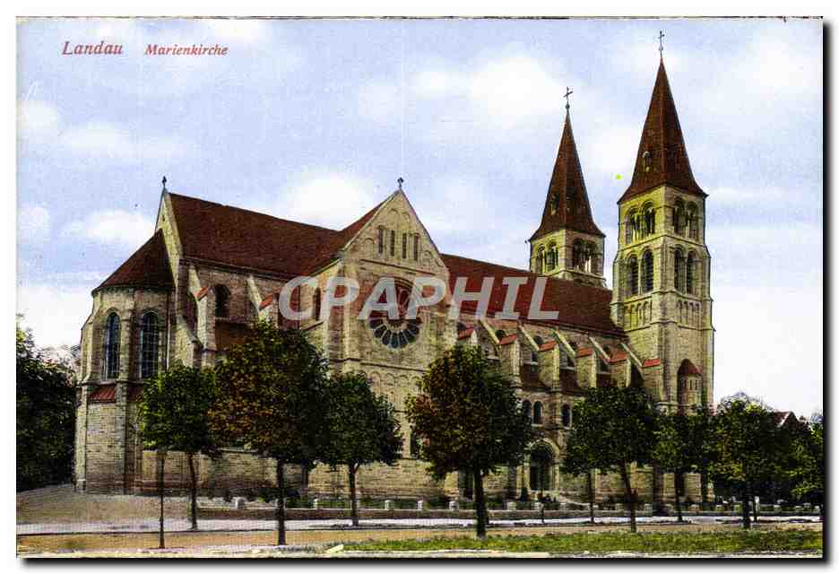 Landau Marienkirche — église de style roman avec deux tours — éditeur W. H. (n° 28004)