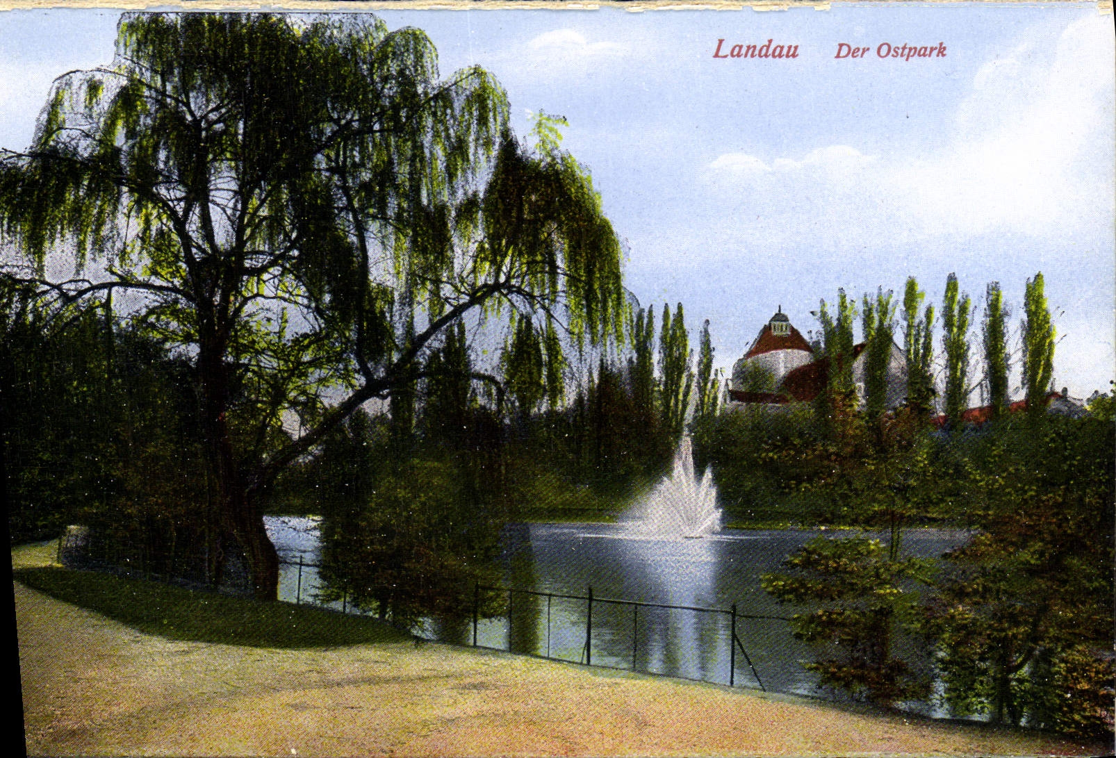 Landau Der Ostpark — vue du lac avec fontaine et saule pleureur — éditeur CPAPHIL, n° 27792