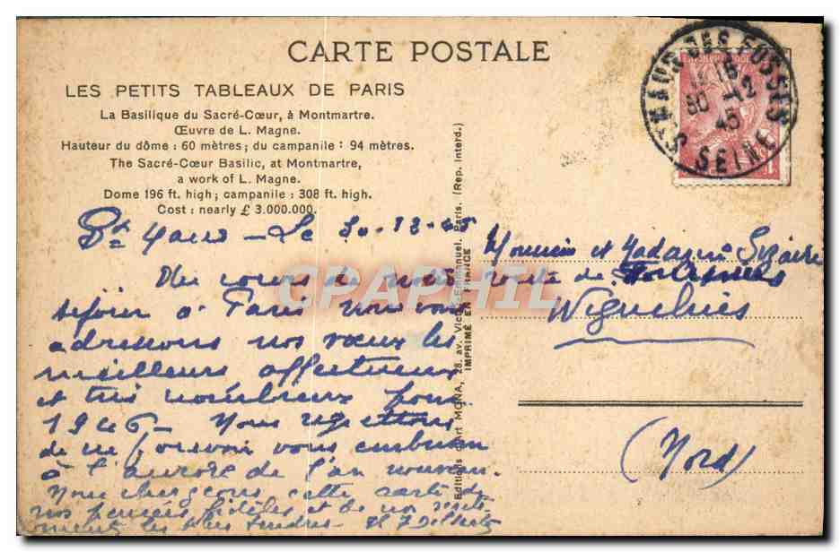 CPA Paris Basilique du Sacre Coeur Montmartre — Rückseite