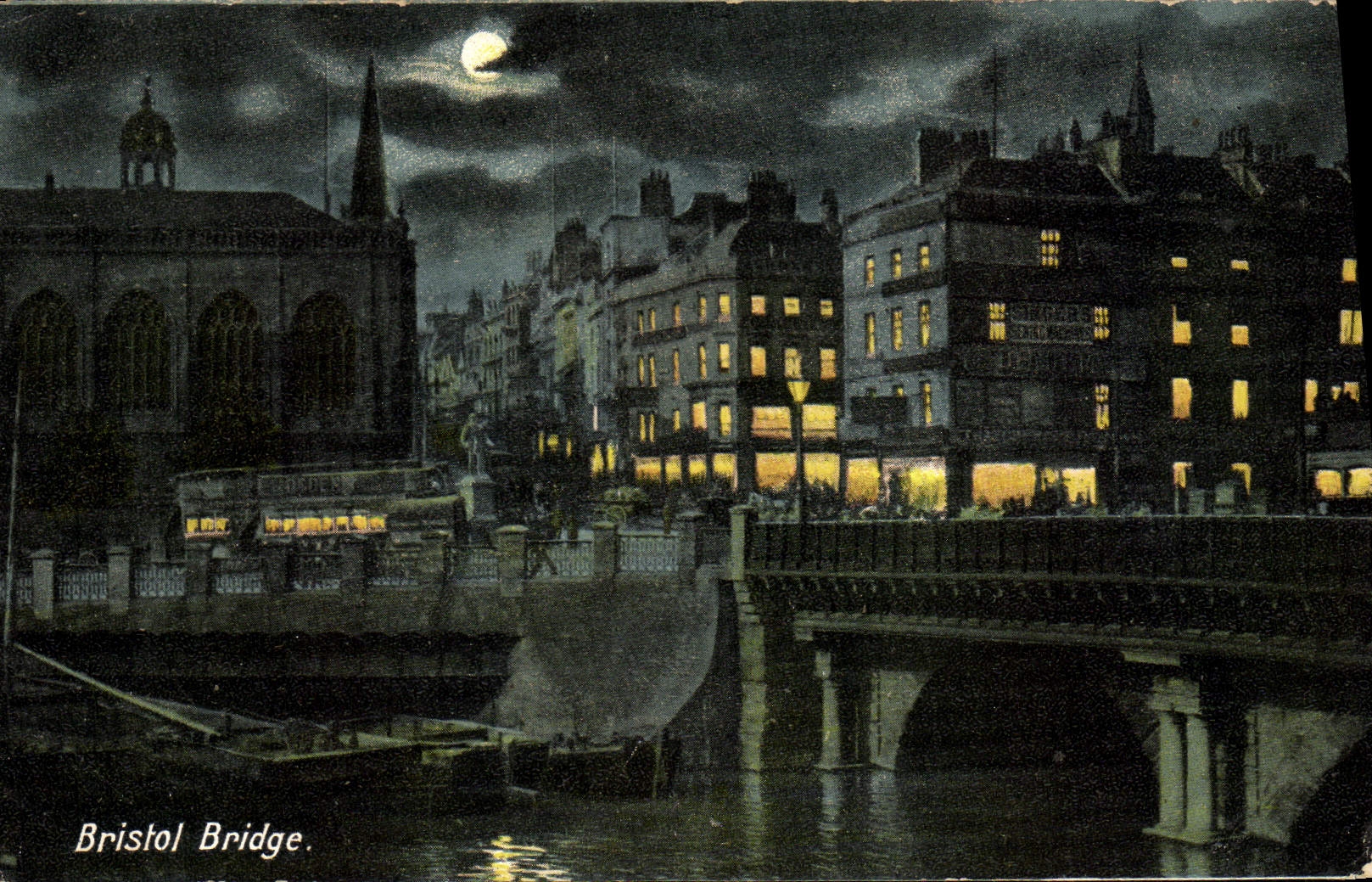Bristol Bridge — vue nocturne sous la lune — éditeur non identifié - Recto