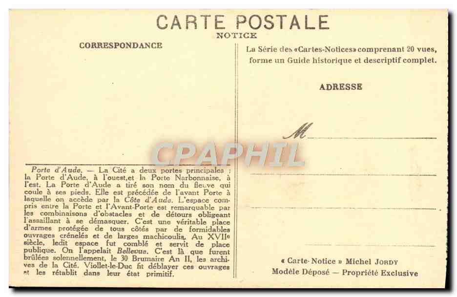 CPA La Cite De Carcassonne Porte D'Aude — Rückseite