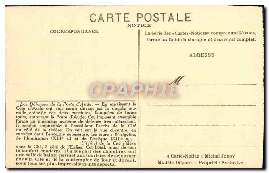 CPA La Cite De Carcassonne Defenses De La Porte D'Aude L'Hotel De La Cite — Verso