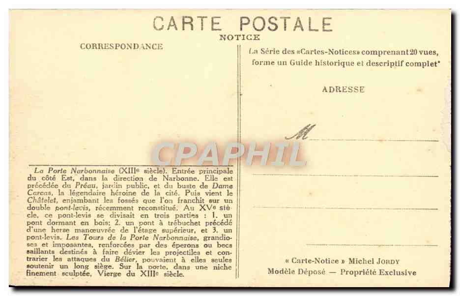 CPA La Cite De Carcassonne La Porte Narbonnaise — Verso