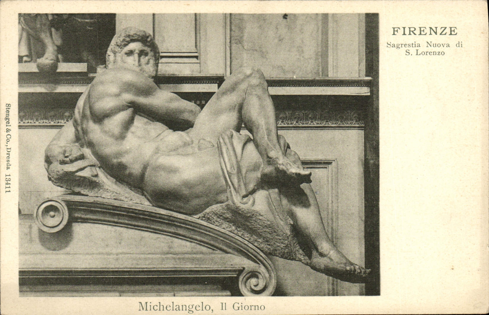 Michelangelo, Il Giorno — Sagrestia Nuova di S. Lorenzo — Stengel & Co., Firenze, 1911